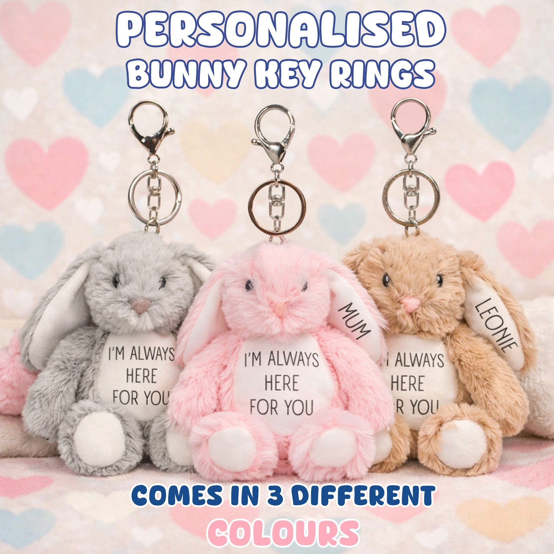 Silly Dog Designs - Personalised Bunny Keyring Plush – Custom Name Soft Toy – “I’m Always Here For You” Comfort Gift – Mother’s Day Keepsake for Mums, Children & Loved Ones