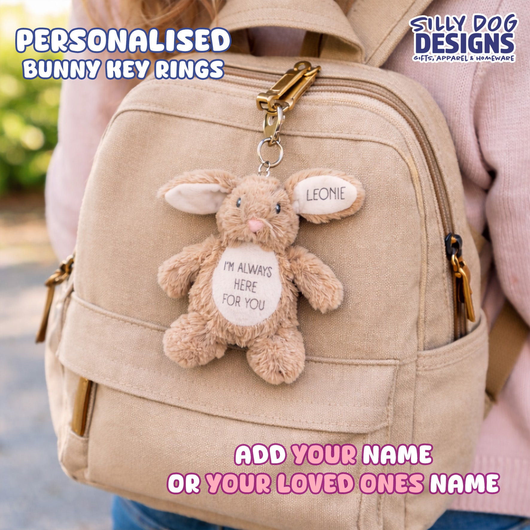 Silly Dog Designs - Personalised Bunny Keyring Plush – Custom Name Soft Toy – “I’m Always Here For You” Comfort Gift – Mother’s Day Keepsake for Mums, Children & Loved Ones