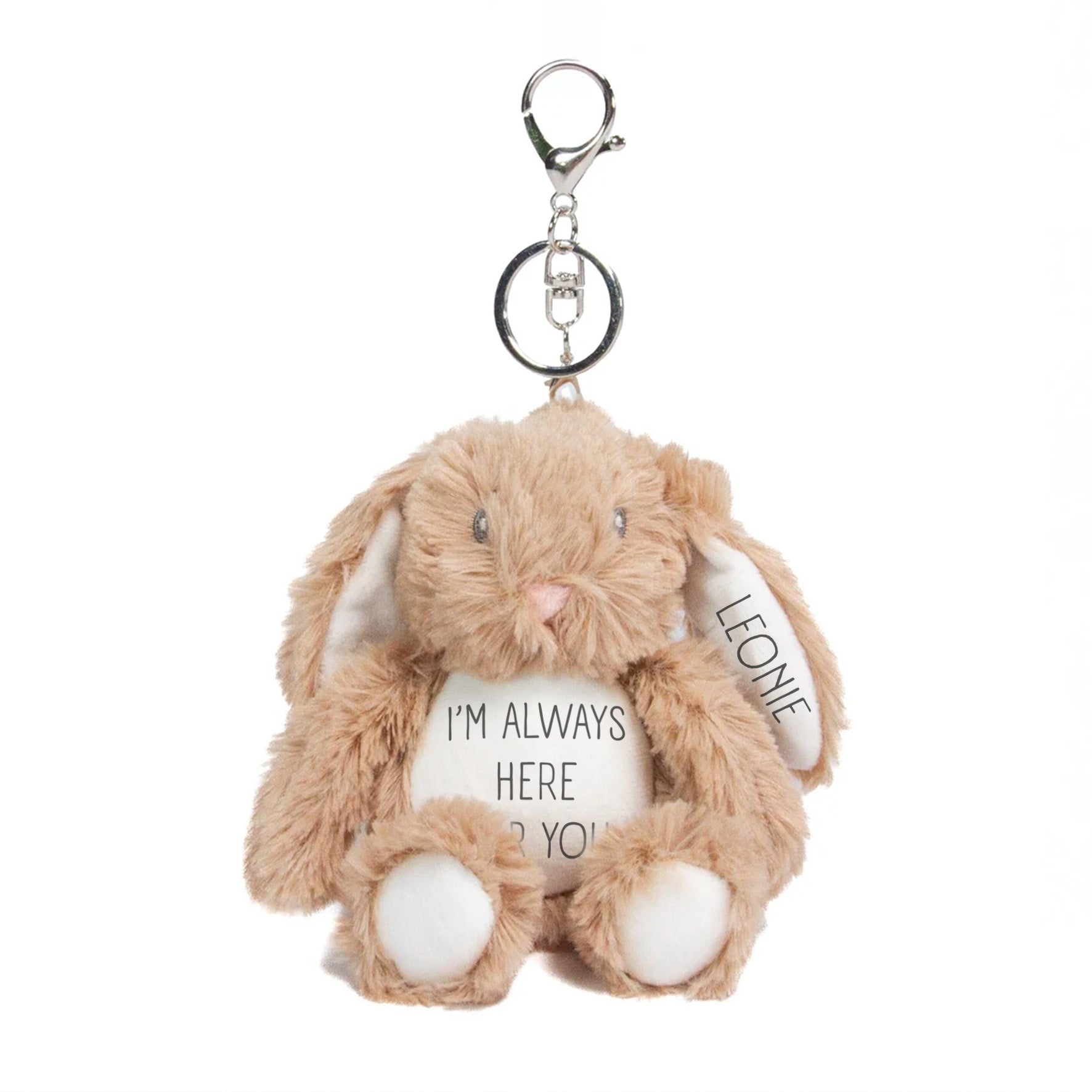 Silly Dog Designs - Personalised Bunny Keyring Plush – Custom Name Soft Toy – “I’m Always Here For You” Comfort Gift – Mother’s Day Keepsake for Mums, Children & Loved Ones