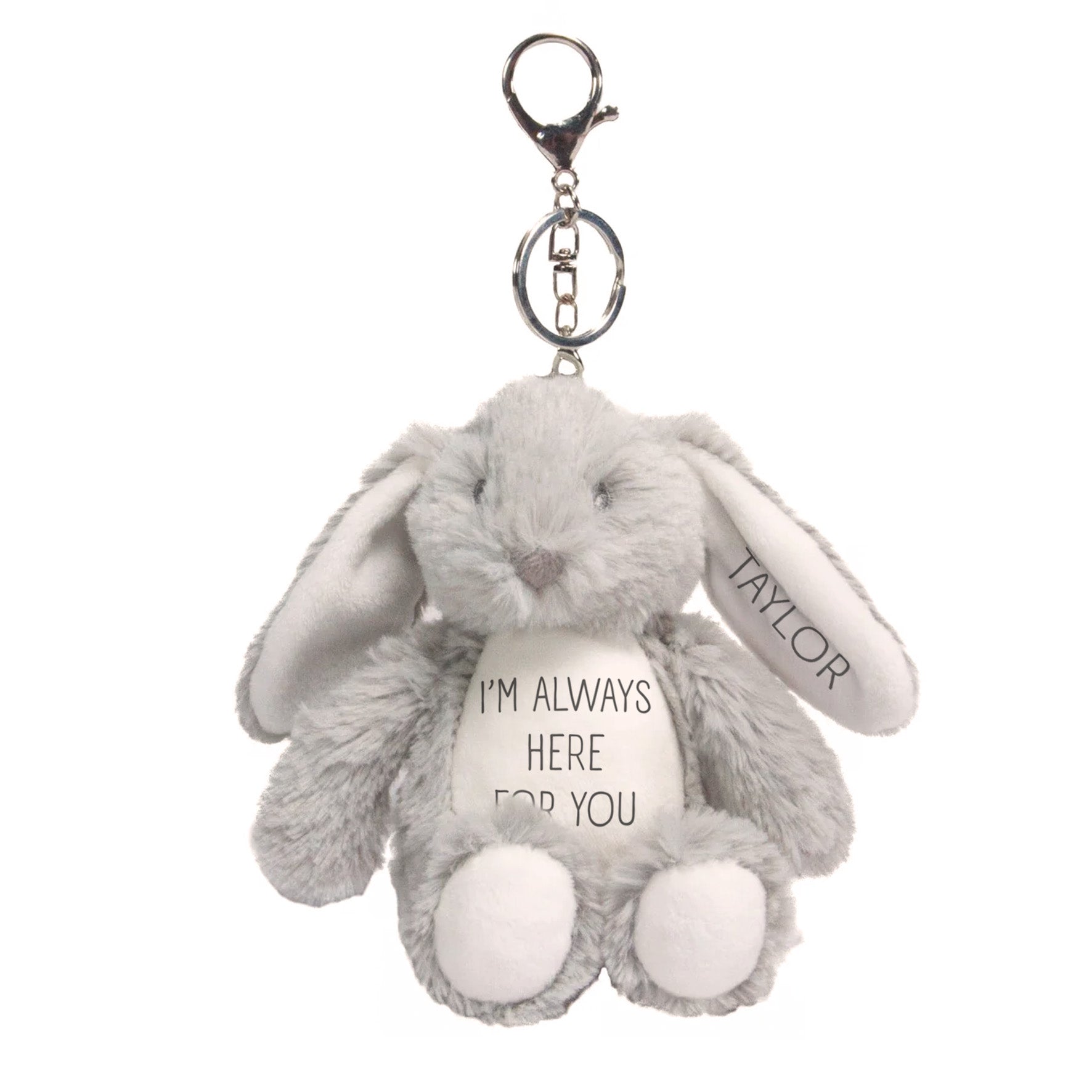 Silly Dog Designs - Personalised Bunny Keyring Plush – Custom Name Soft Toy – “I’m Always Here For You” Comfort Gift – Mother’s Day Keepsake for Mums, Children & Loved Ones