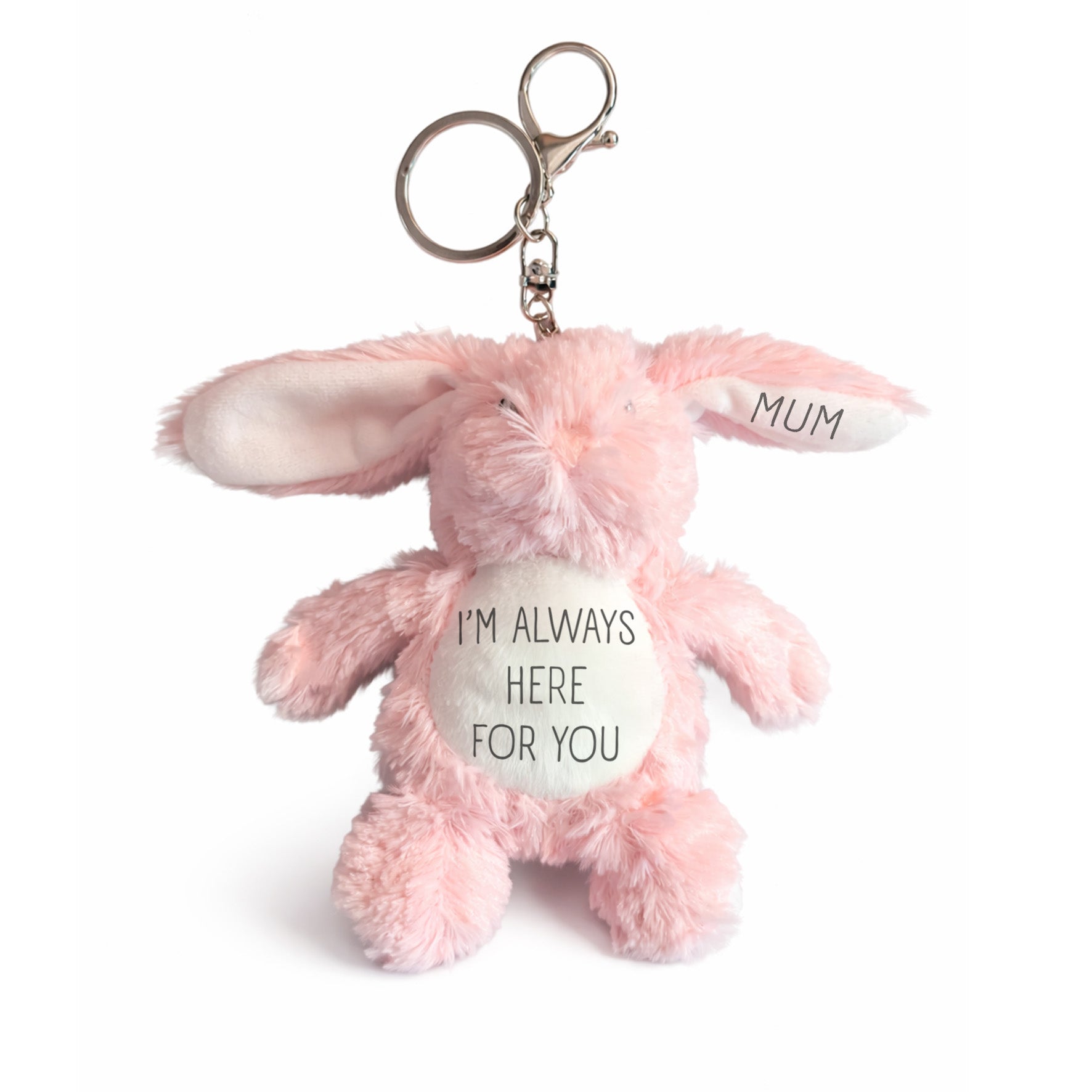 Silly Dog Designs - Personalised Bunny Keyring Plush – Custom Name Soft Toy – “I’m Always Here For You” Comfort Gift – Mother’s Day Keepsake for Mums, Children & Loved Ones